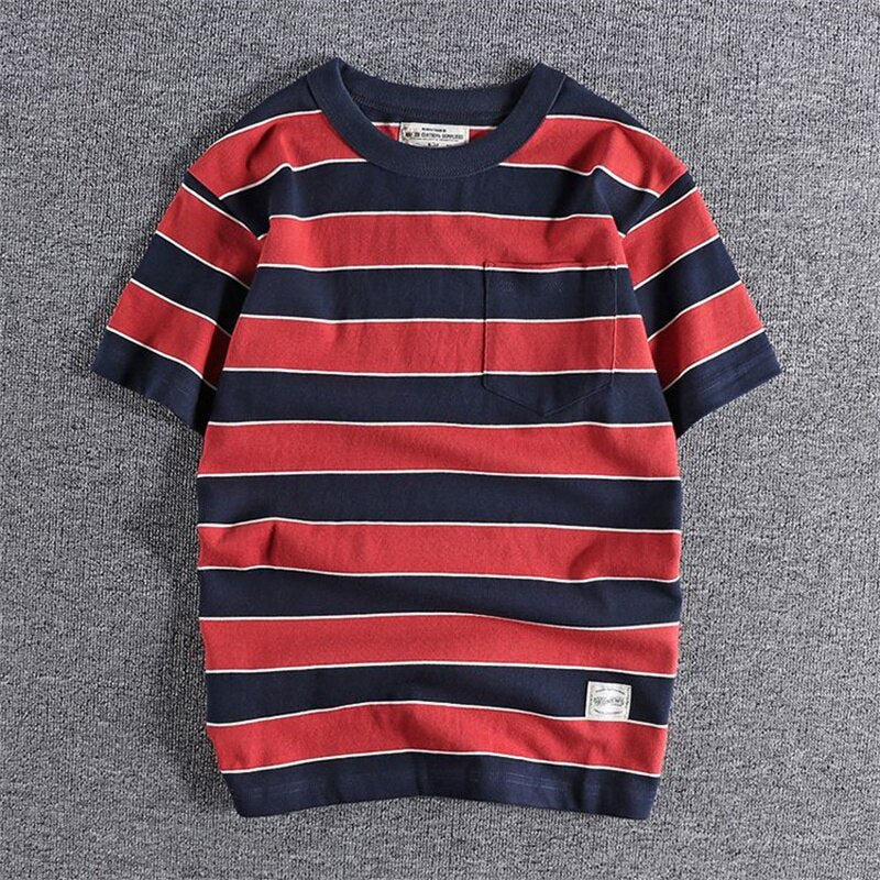 Red and navy summer striped t-shirt for men, casual smart style.