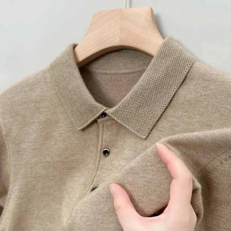 Antonios polo sweater with buttons, beige color, featuring a stylish collar and comfortable fabric.
