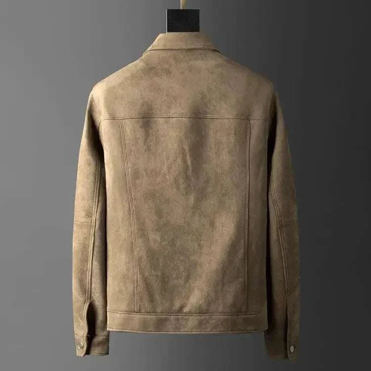 British business leather jacket made of suede leather, showcasing back view.