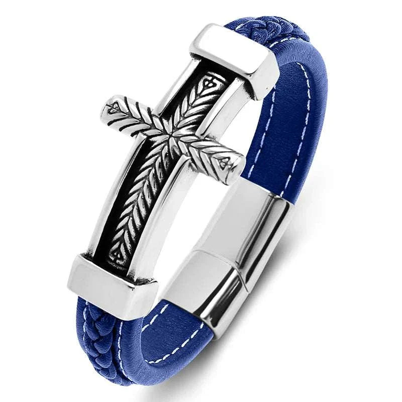 Cross stainless steel leather bracelet with sleek design and confident style.