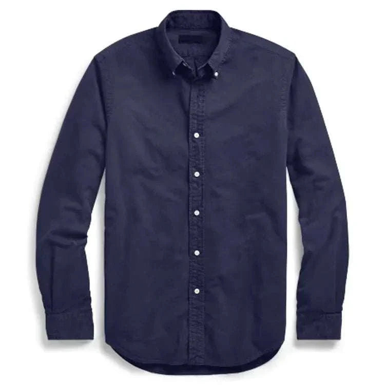Oxford business casual long sleeve cotton shirt for men in navy, offers comfort and style.