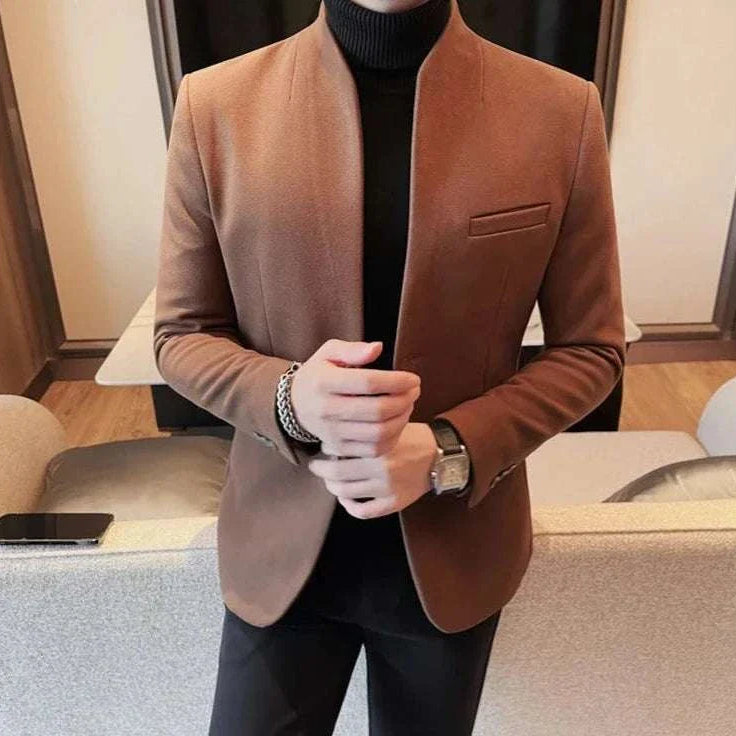 Formal blazer with round collar for men, elegant and versatile polyester-spandex blend.