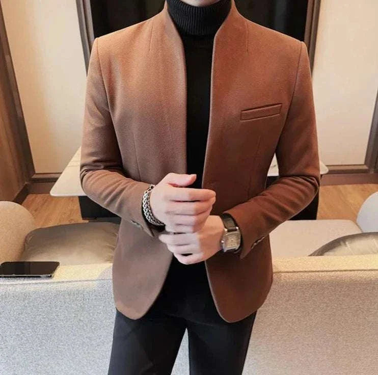 Formal blazer with round collar for men, elegant and versatile polyester-spandex blend.