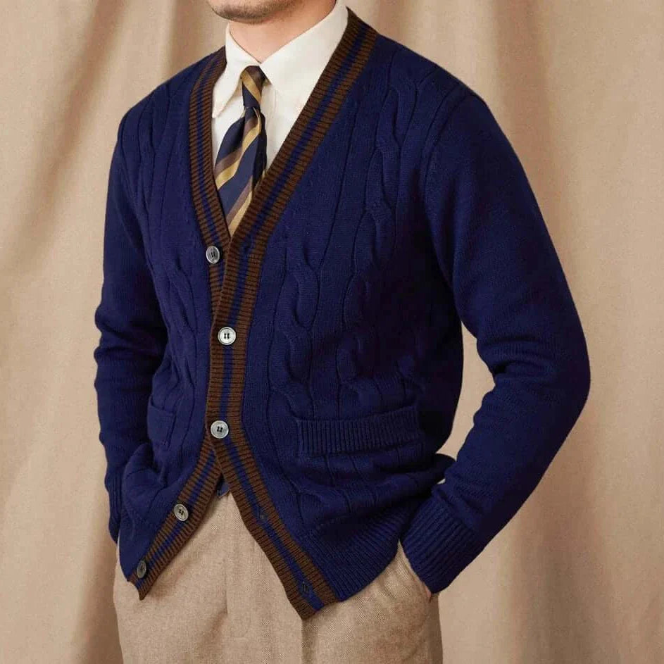 Antonios twisted knit cardigan in Italian vintage style, made of thin wool, perfect for men's fashion.