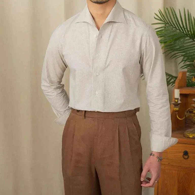 Piece collar casual long-sleeve shirt for men in beige, perfect for all seasons and made from linen and cotton blend.
