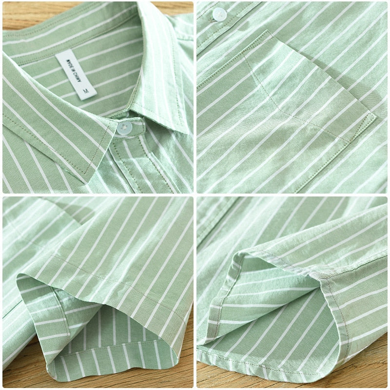 Antonios Green Striped Summer Shirt, linen and cotton blend, breathable fabric, short sleeve design.