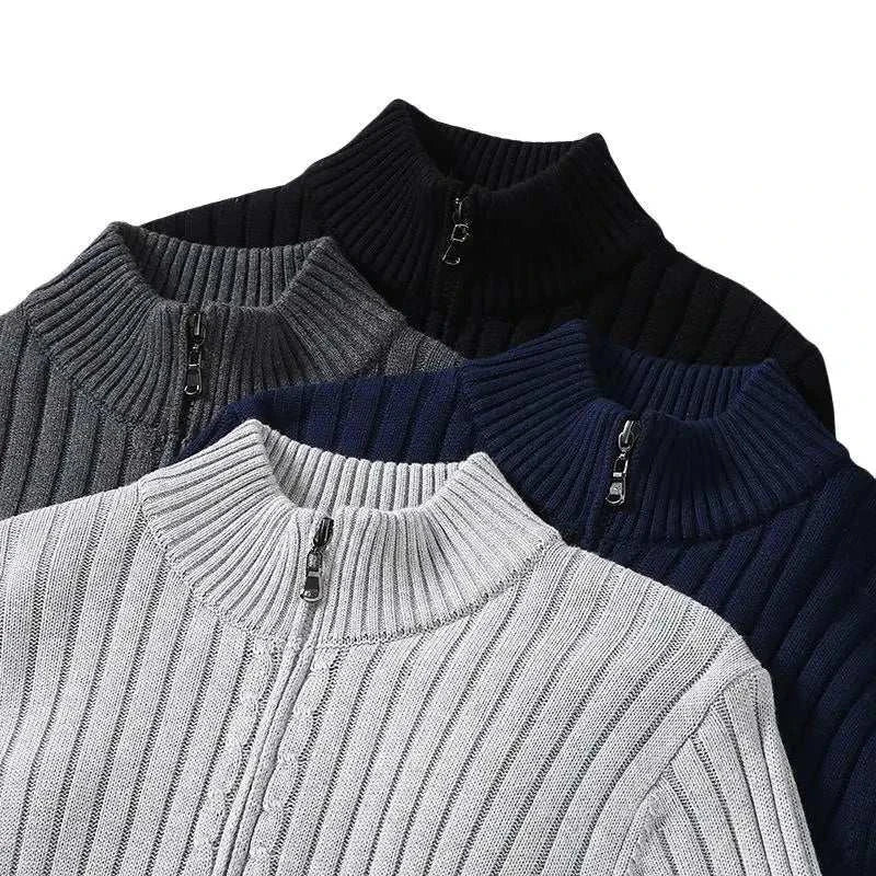 Autumn stand collar cotton cardigans in gray, navy, and black.