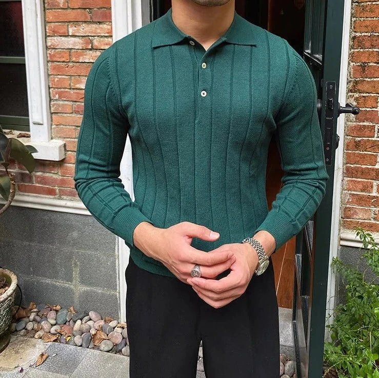 Oxford polo sweater in green, long-sleeve, solid pattern, men's fashion.