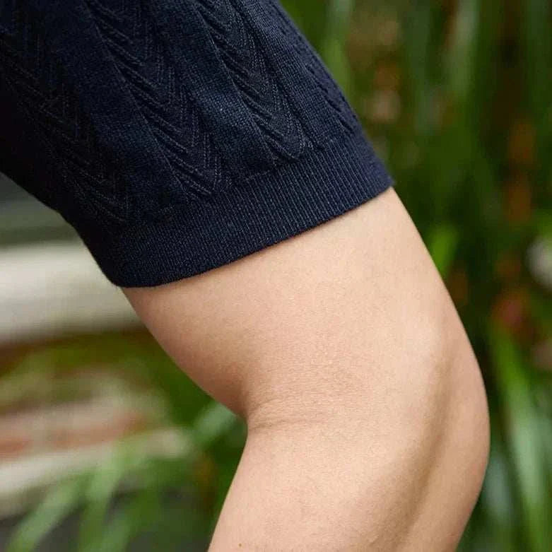 Navy textured fabric close-up of Spring gentleman English t-shirt.