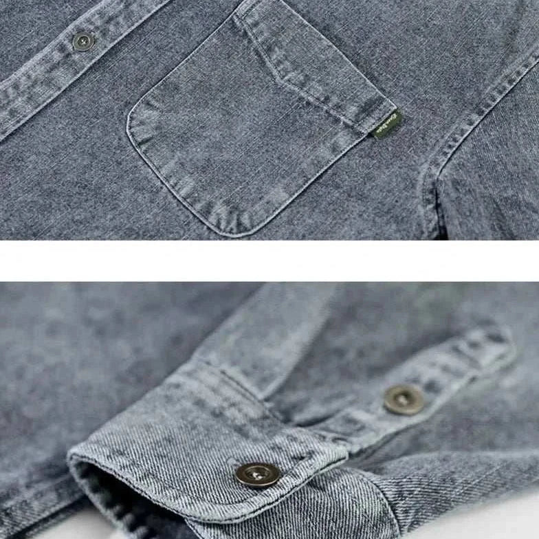 Retro vintage denim shirt with chest pocket and button details, ideal for spring and summer.