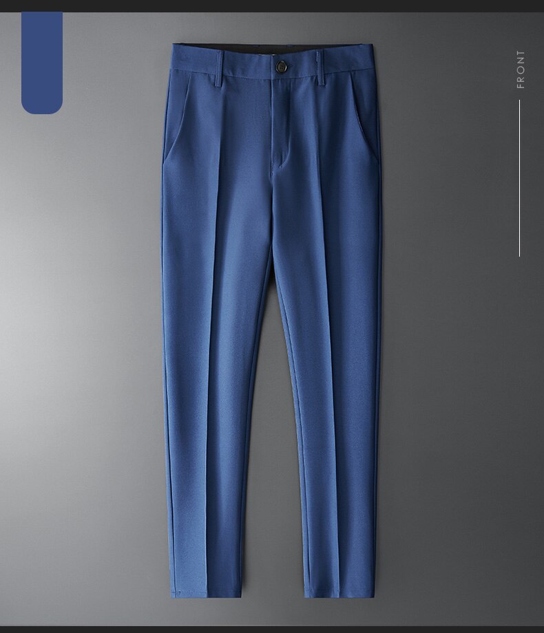 Vinny Office Pants in blue, tailored smart casual trousers with front pockets, showcasing classic elegance.