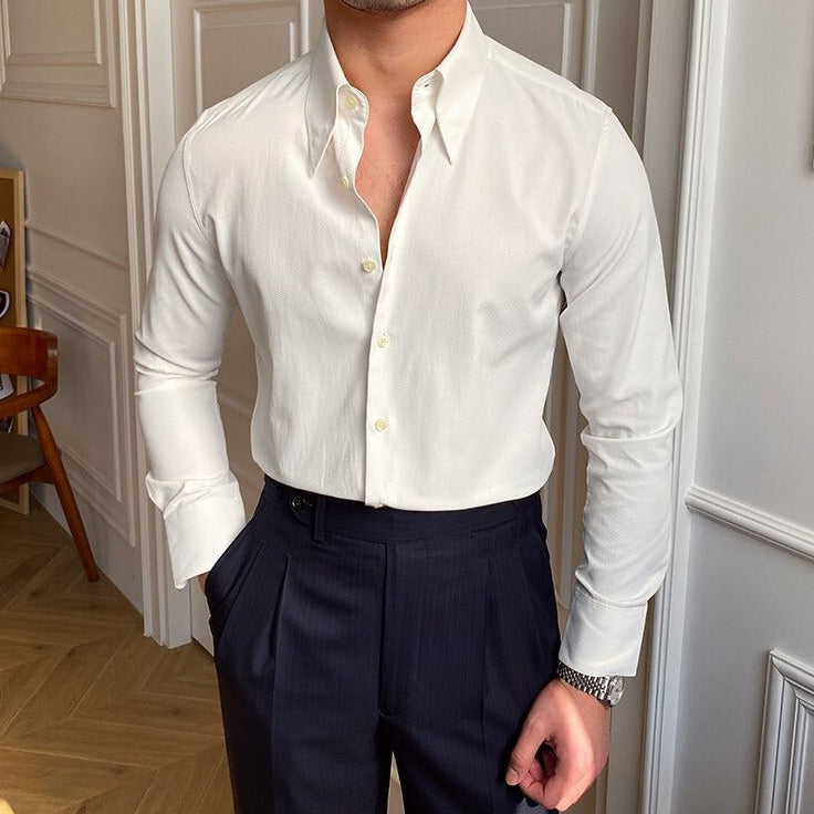 Men's smart casual long sleeve Antonios Wedding Shirt in white cotton.