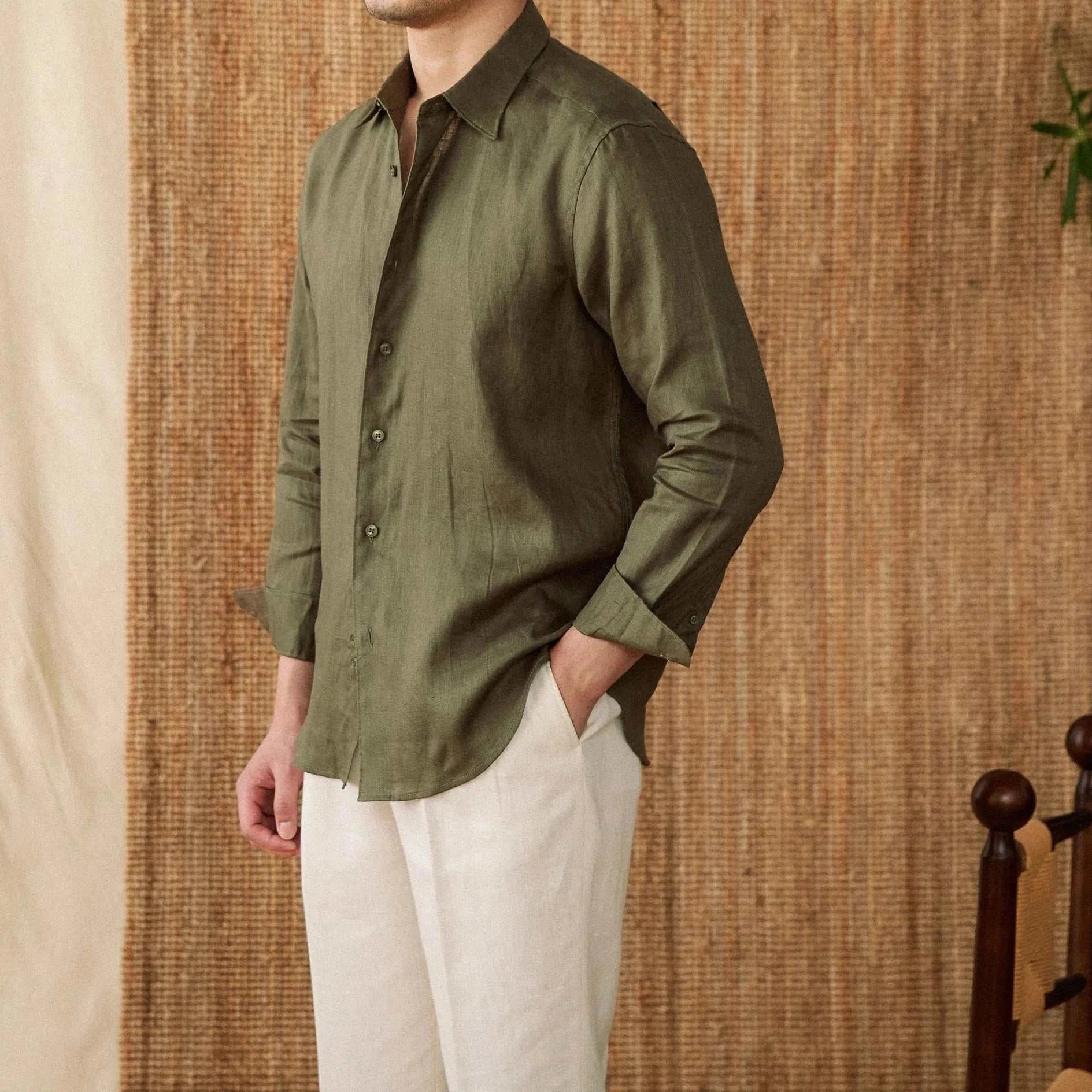 Relaxed fit casual long sleeve shirt in linen featuring solid green color, perfect for a cool and elegant style.