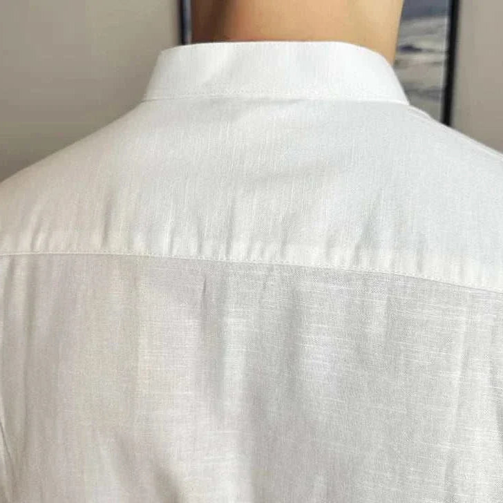 Linen smart casual long-sleeve shirt in solid white fabric.