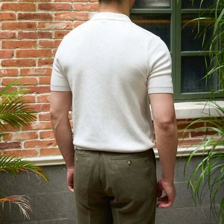 Men's summer v-neck polo English t-shirt, solid white, breathable cotton, casual and elegant style.