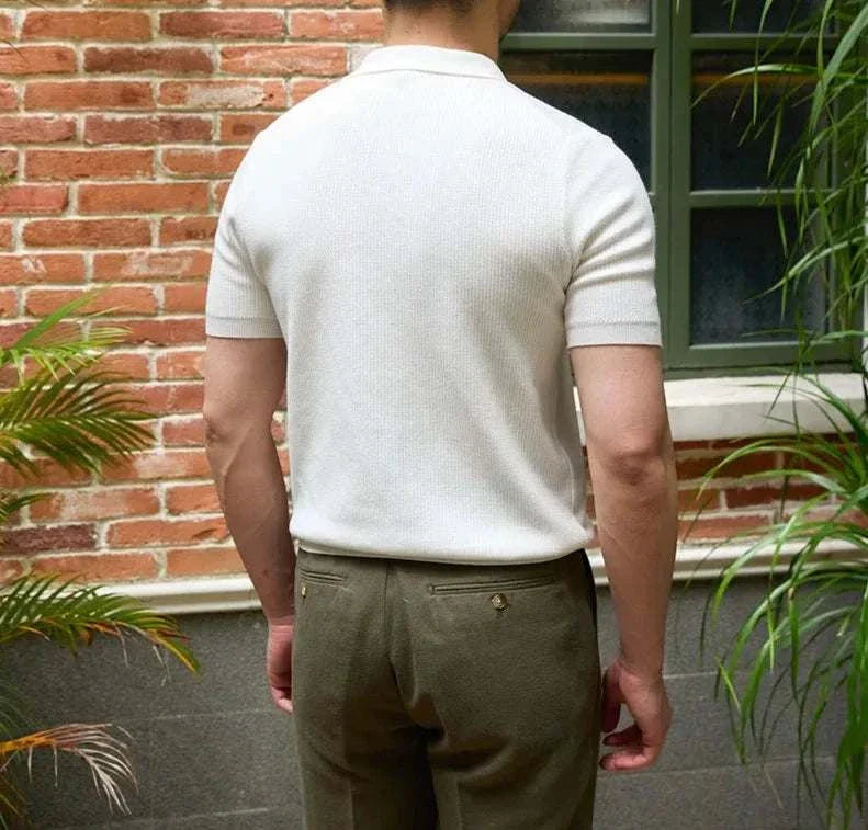 Men's summer v-neck polo English t-shirt, solid white, breathable cotton, casual and elegant style.