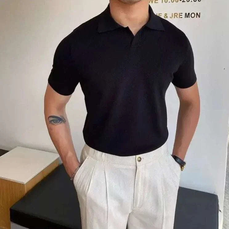 Japanese summer regular fit t-shirt with v collar, solid black design for men.