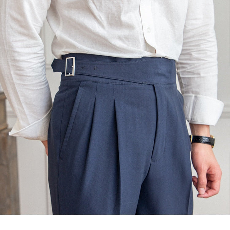 High Waist Business Trousers in navy blue, showcasing a refined Old Money style with a tailored fit and subtle taper.