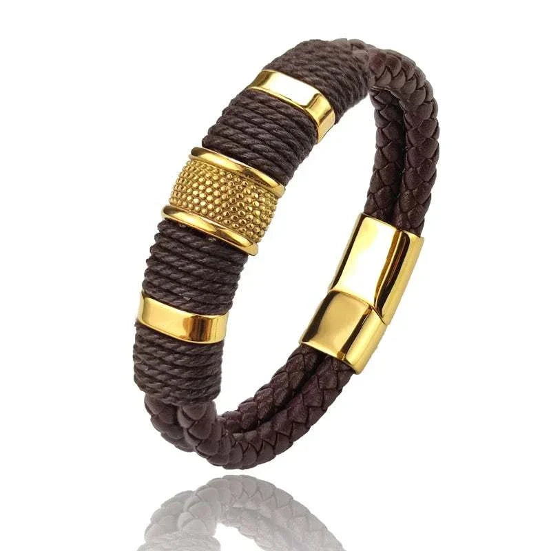 Genuine leather double bracelet with gold accents and braided design.