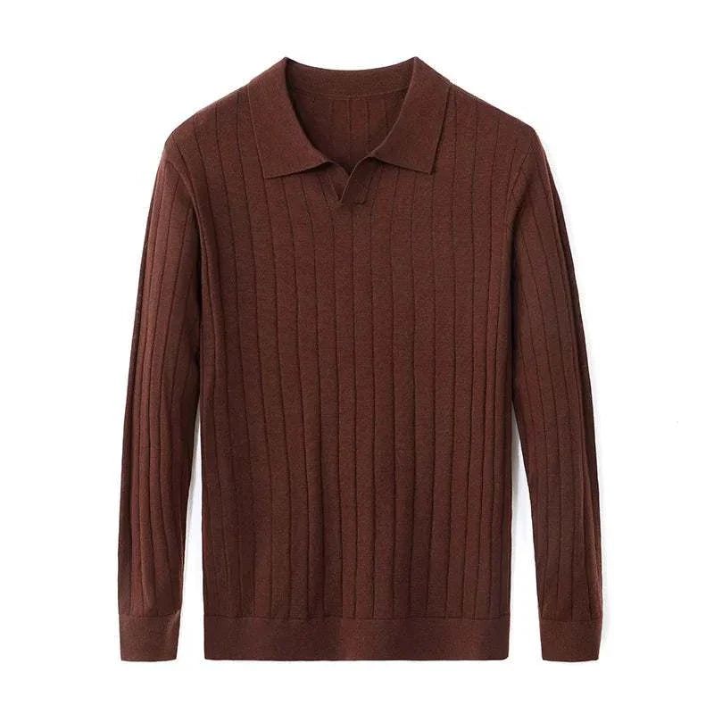 Casual wool autumn sweater in brown; slim fit, cozy cotton and wool blend.