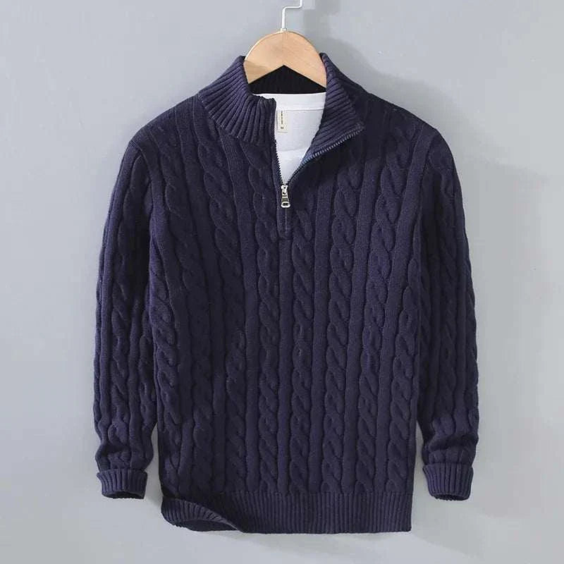 Autumn half zipper braided cotton sweater on hanger, showcasing textured design and half zipper detail.