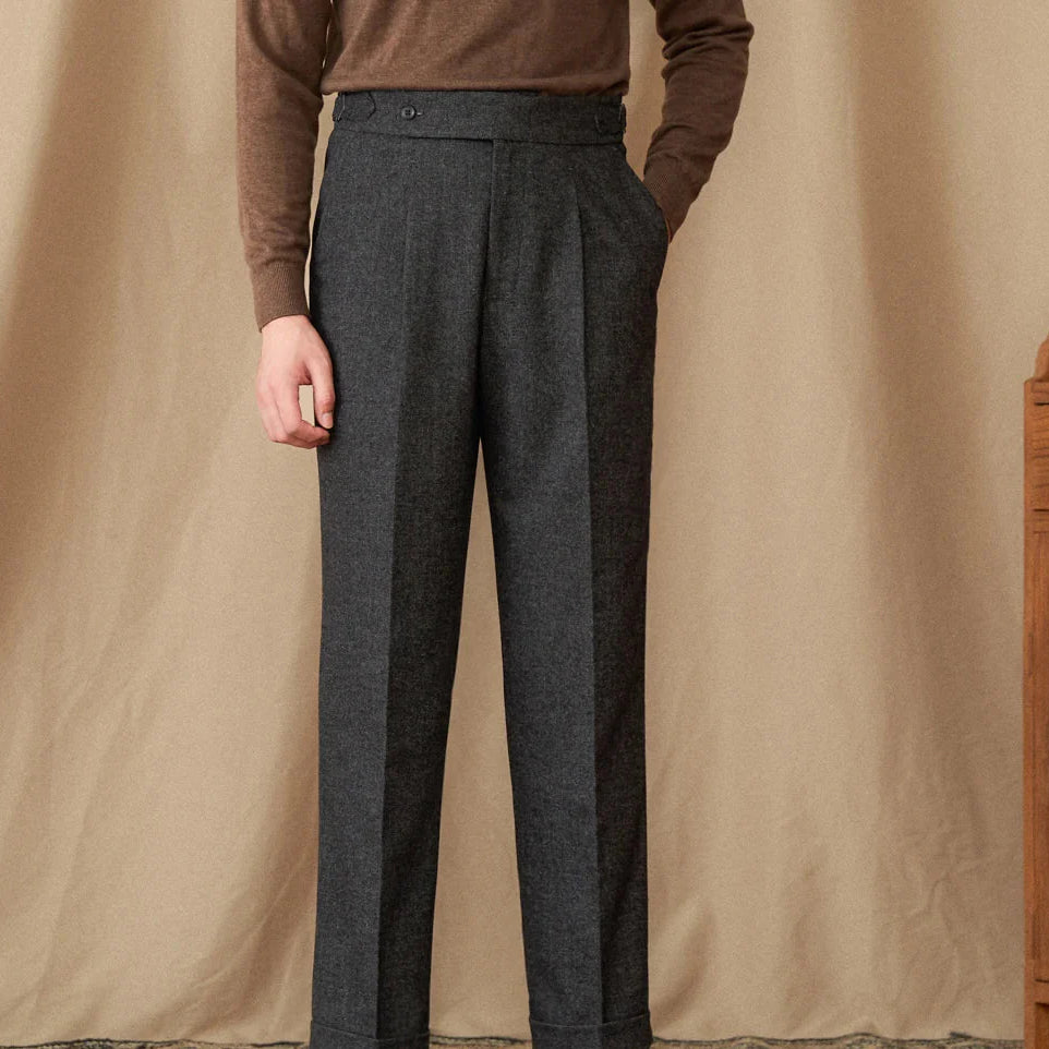 Wool winter Italian trousers for men in dark gray, showcasing elegant style and comfort.