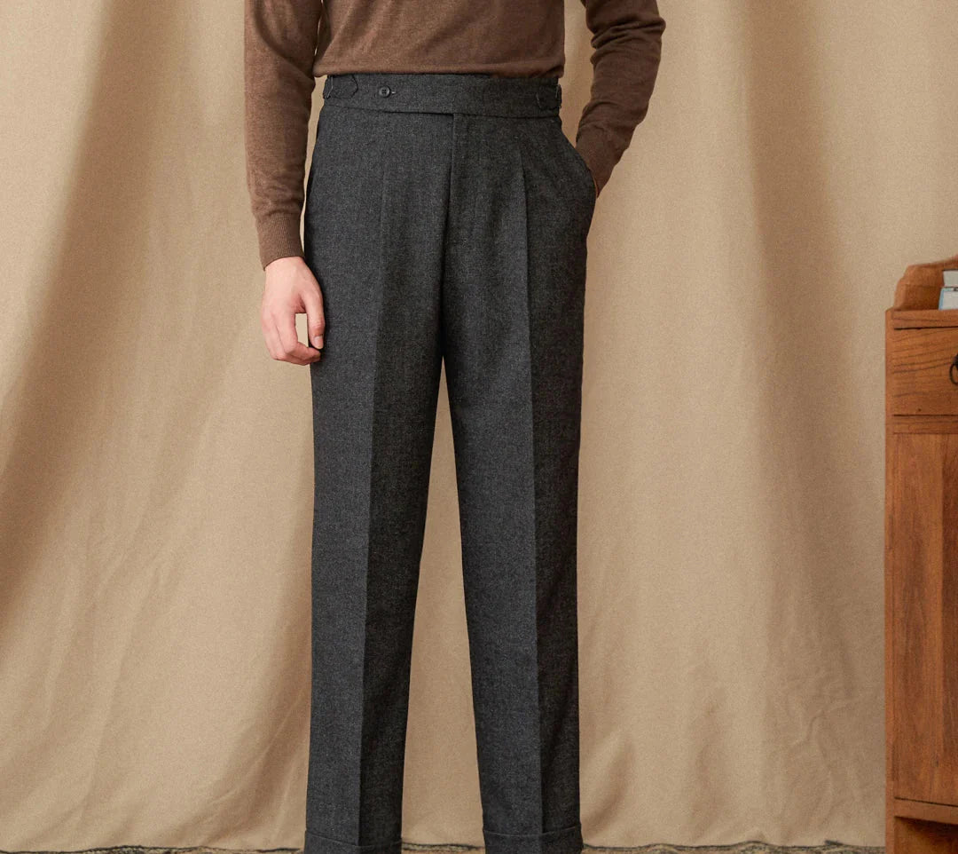 Wool winter Italian trousers for men in dark gray, showcasing elegant style and comfort.