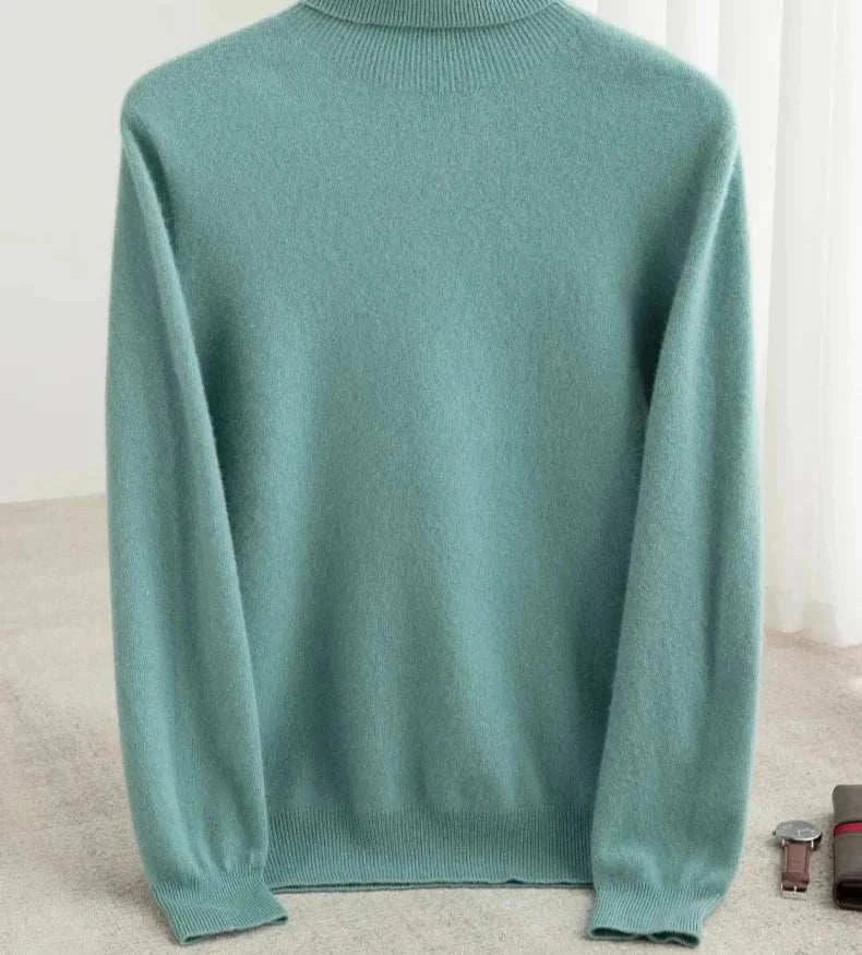 Business wool turtleneck sweater for men in teal, perfect for autumn and winter business occasions.
