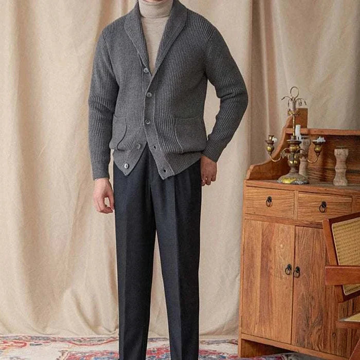 Cozy men's Autumn old money cardigan in luxury wool, ideal for fall wardrobe upgrade.