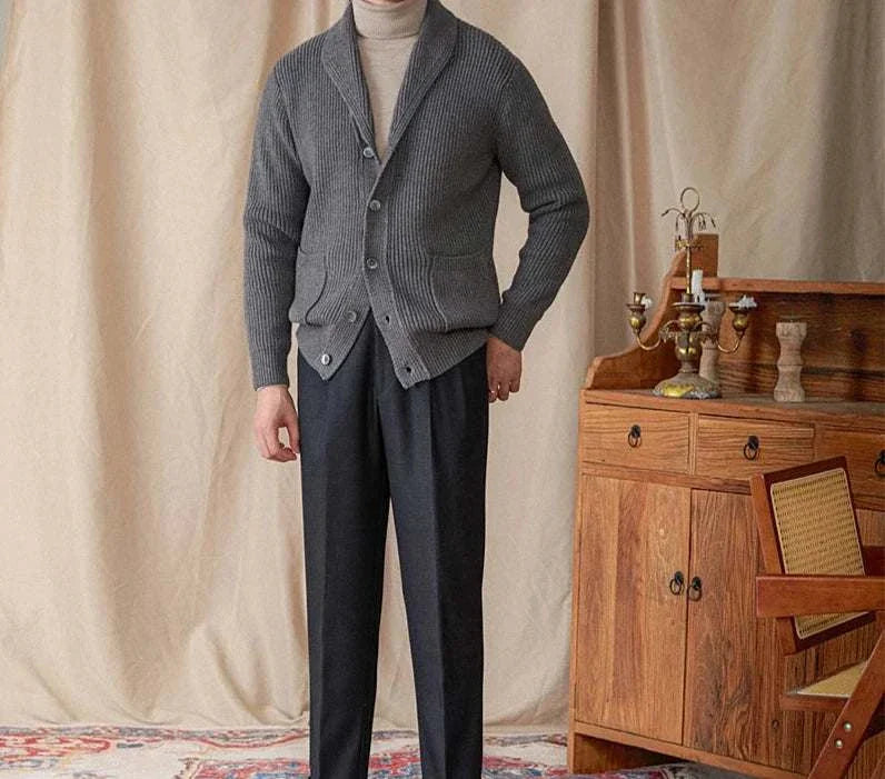 Cozy men's Autumn old money cardigan in luxury wool, ideal for fall wardrobe upgrade.