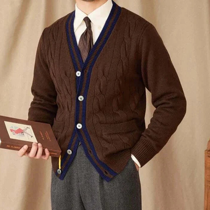 Antonios twisted knit cardigan in brown with vintage Italian style, thin wool, cozy menswear.
