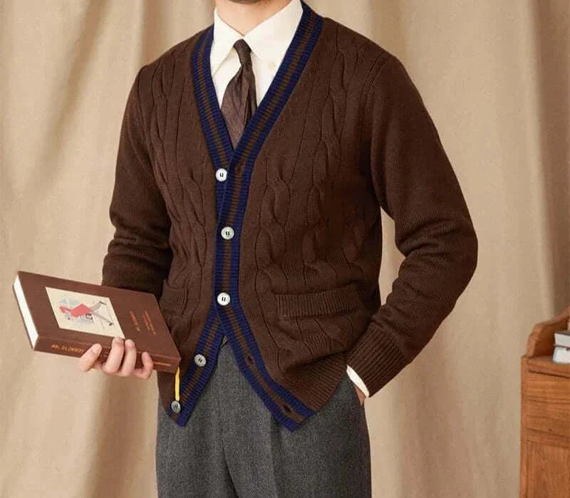 Antonios twisted knit cardigan in brown with vintage Italian style, thin wool, cozy menswear.