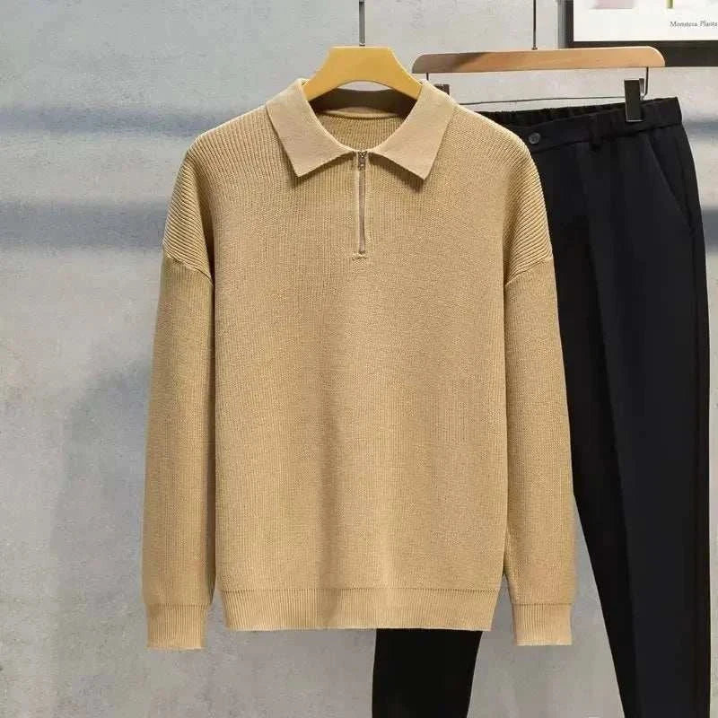 Men's beige half zipper sweater, cozy and stylish winter fashion from Antonio's collection.