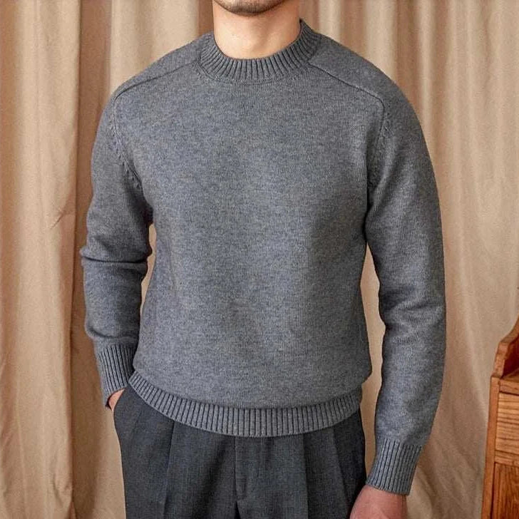 Japanese casual winter sweater for men in grey, made from cotton and wool blend.