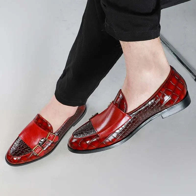 Crocodile pattern microfiber shoes in wine red with intricate craftsmanship and cushioned insole for men.