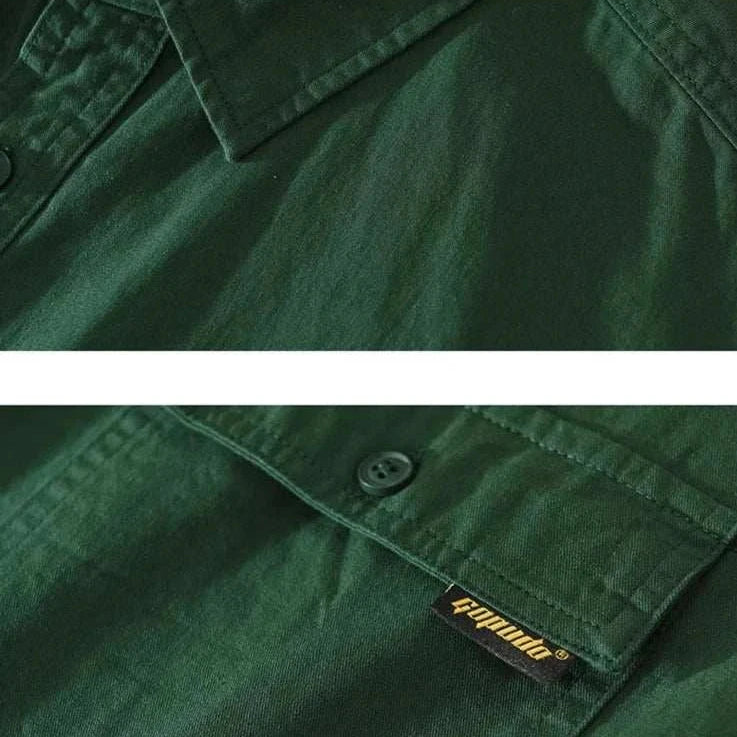 Japanese loose short sleeve summer shirt in solid green cotton fabric.