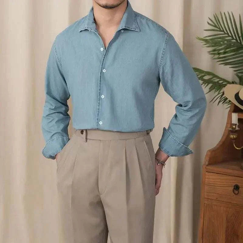 Vintage casual long sleeve shirt in solid blue, made from cotton and polyester, styled for spring/summer occasions.