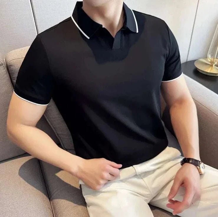 British slim fit summer polo t-shirt for men, solid black, perfect for spring/summer.