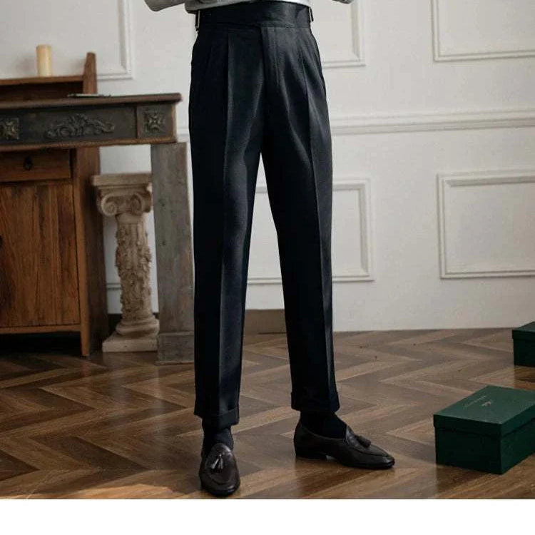 Parisian waist straight trousers in solid black, casual and elegant style, made from polyester for a comfortable fit.