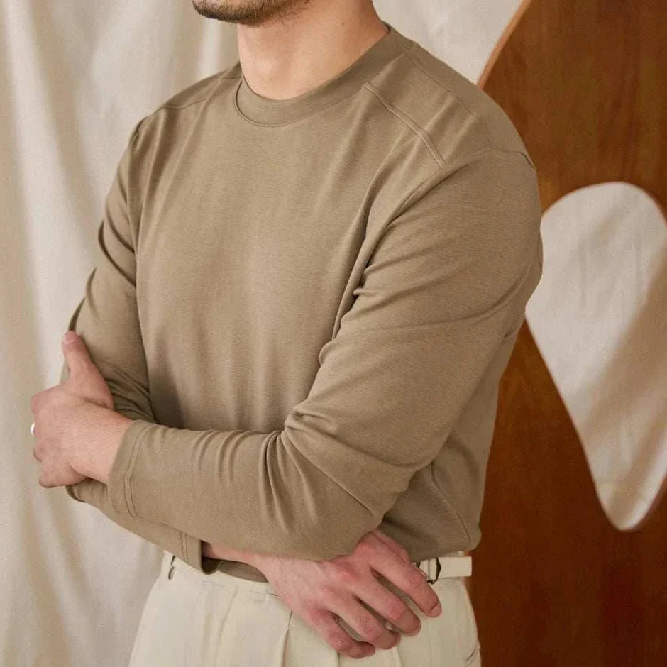 Slim fit smart casual premium sweater for men in beige, polyester-wool blend.