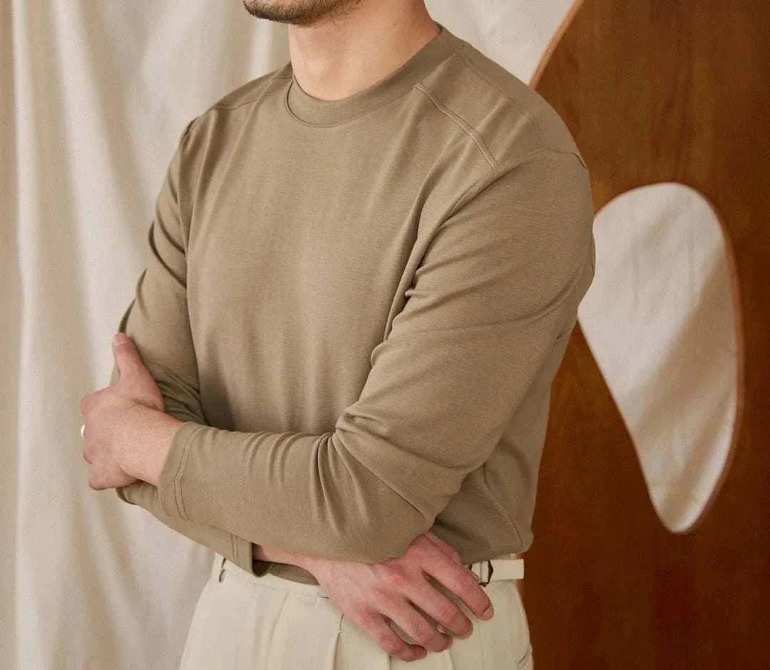 Slim fit smart casual premium sweater for men in beige, polyester-wool blend.