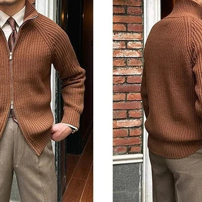 Retro cardigan in brown, men's casual elegant style, cotton material.