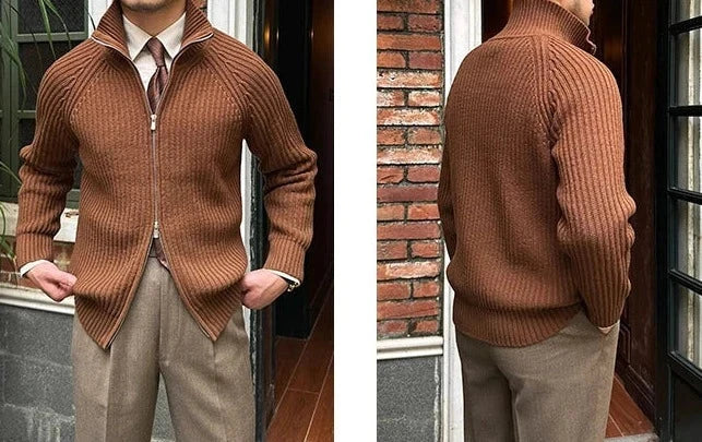 Retro cardigan in brown, men's casual elegant style, cotton material.