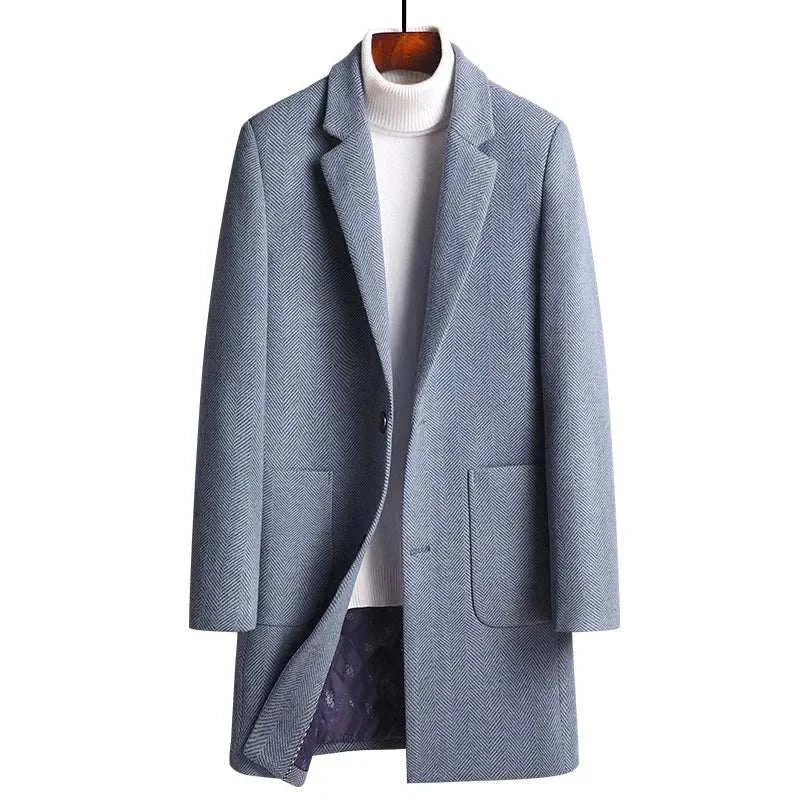 Business casual Korean coat for men, gray polyester and wool blend, front view.