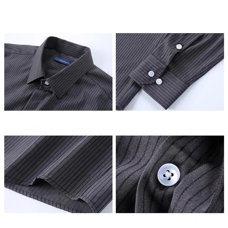 Antonios British striped tuxedo shirt for men, office wear, comfortable viscose-polyester blend.