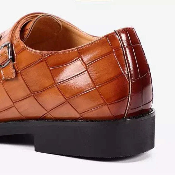 Oxford triple strip-on shoes in light brown leather with buckle details and geometric texture.