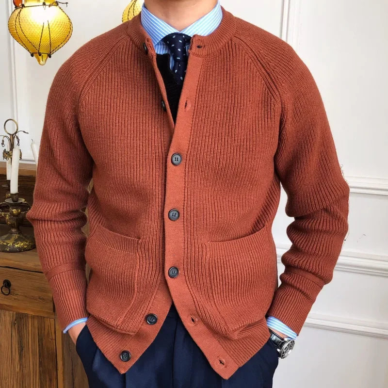 Men's stylish winter cardigan in casual brown, featuring a solid pattern and button design.