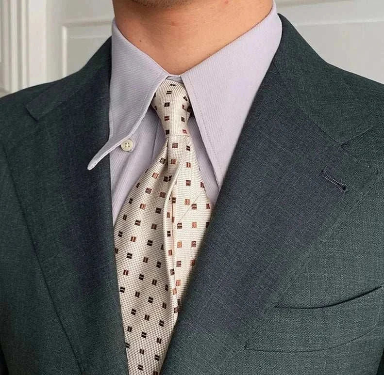 Business collar long sleeve shirt for men with tie and jacket, solid color design.