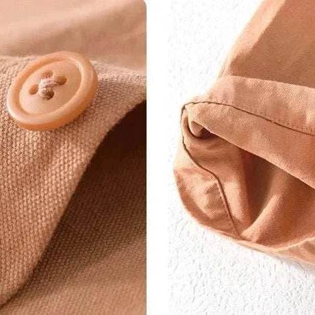 Button detail and sleeve of premium short sleeve summer shirt in solid color.