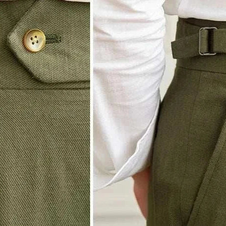 Close-up view of Antonios Naples cotton-linen pants with belt detail, summer comfort fit.